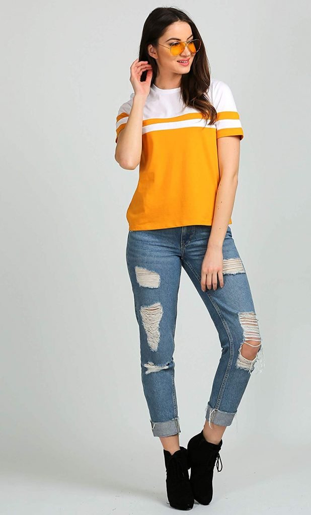 College Fashion Women's Cotton Round Neck Mustard Half Sleeve Top