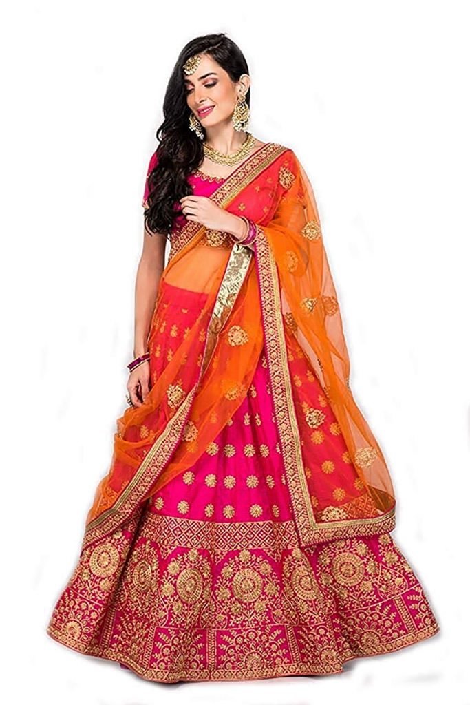 Women's Embroidered Taffeta Satin Lehenga Choli with Blouse Piece